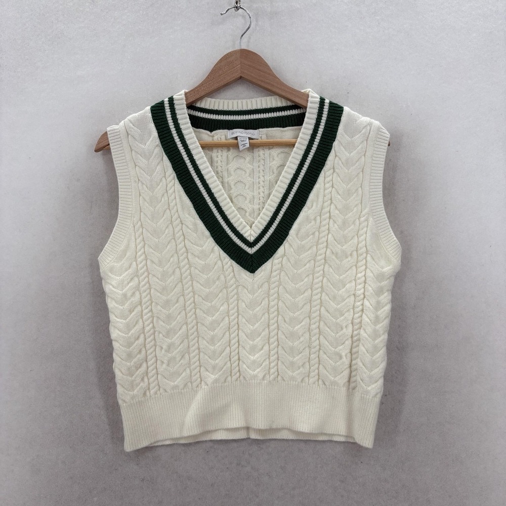 Beyond Yoga Sweater Vest Womens XS White Cable Knit V Neck Tennis Preppy Casual
